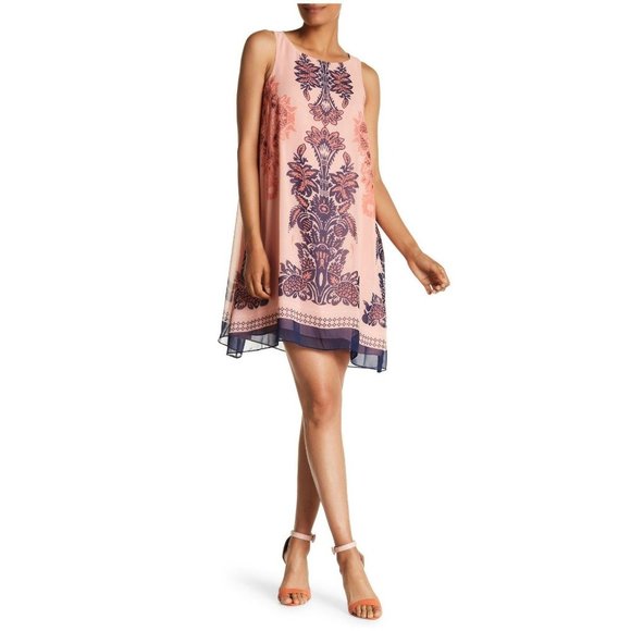 STUDIO M Max Scarf Print Boatneck Sleeveless A-Line Shift Dress Peach sz M - Picture 2 of 7